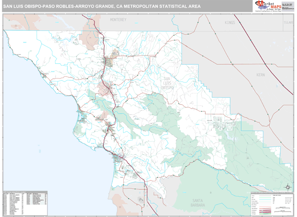 San Luis Obispo-Paso Robles-Arroyo Grande, CA Metro Area Wall Map